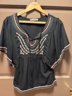Octavia Dark Embroidered V Neck Flutter Sleeve Blouse XS